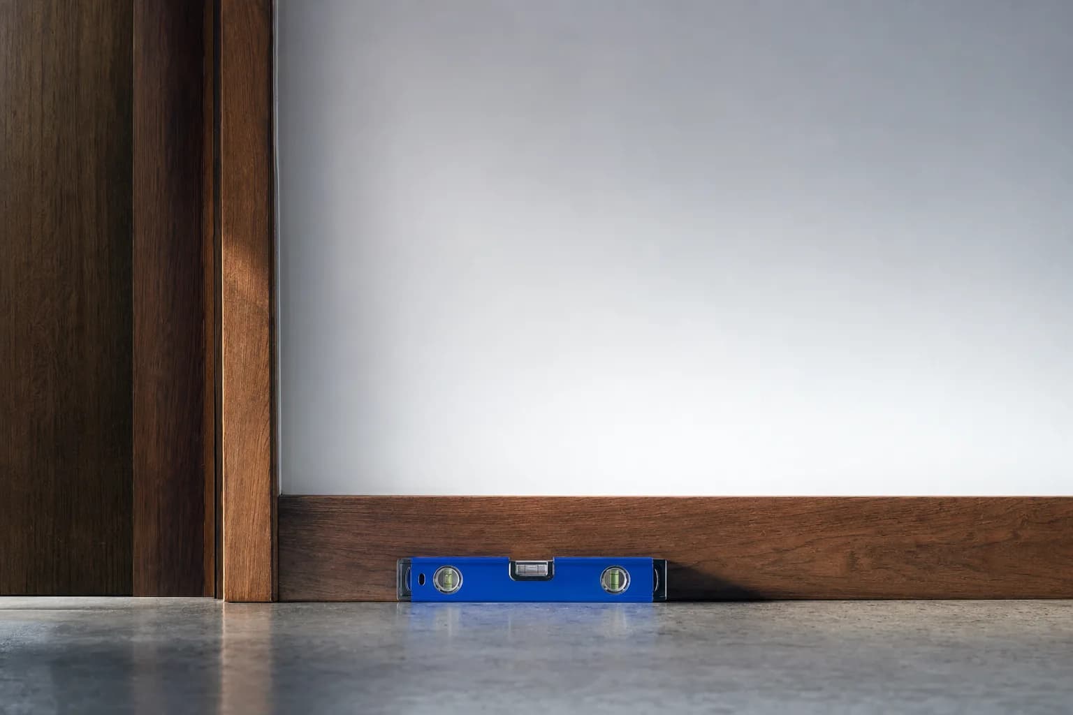 Marco de puerta y zócalo de madera sana con un nivel azul sobre el piso